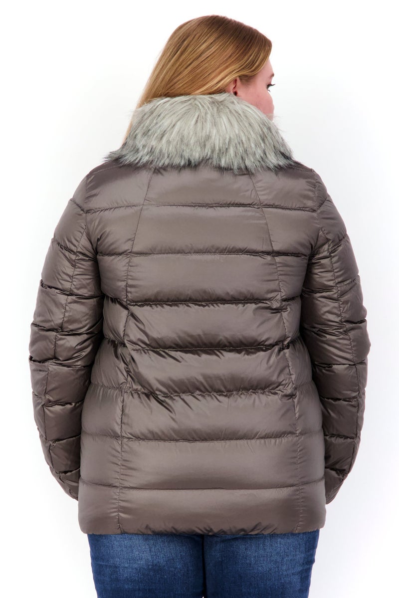 GEOX Women Faux Fur Puffer Jacket, Taupe - Image 3